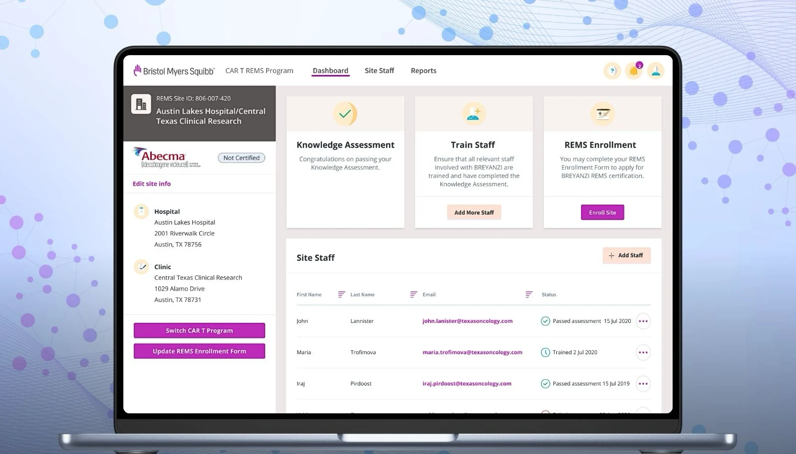 BMS CAR T REMS portal — main view